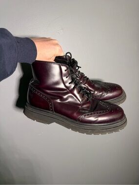 Prada Burgundy Wing Tip Combat Boots Mens Size US 12/UK 11